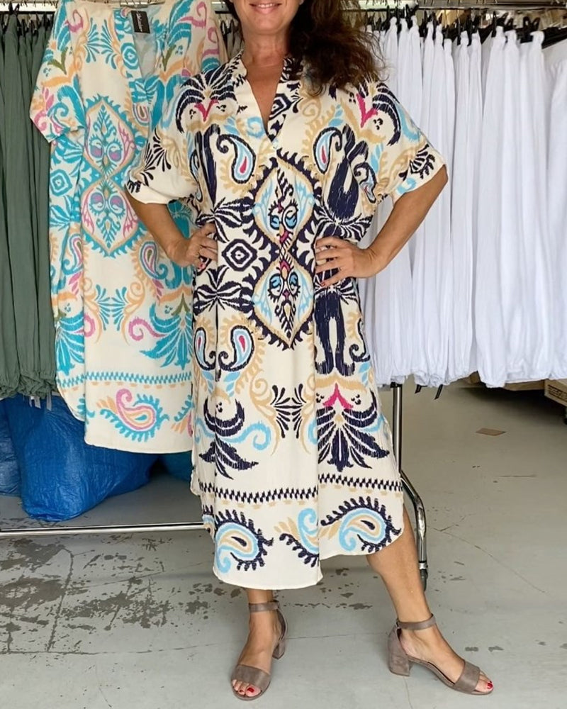 V-neck half-sleeved bohemian loose dress