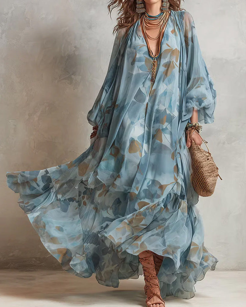 V-Neck Lantern-Sleeve Flowy Dress