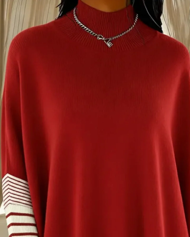 High-Neck Striped Color-Blocked Pullover