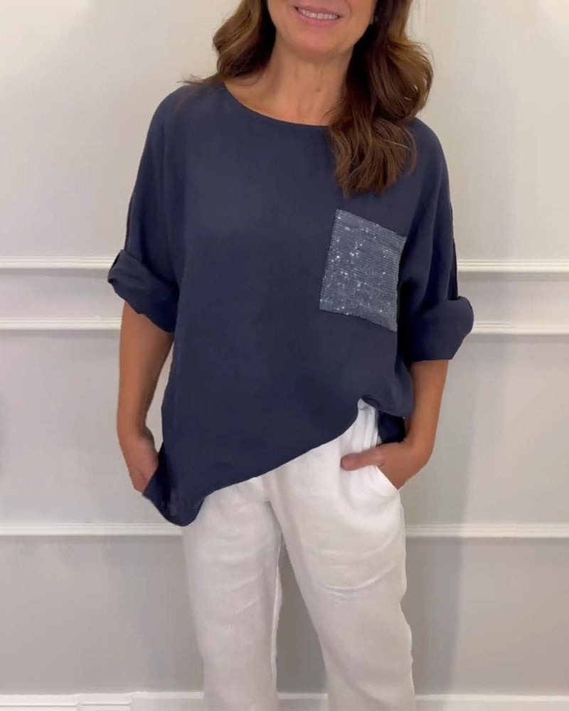 Paneled sequin pocket crew neck top