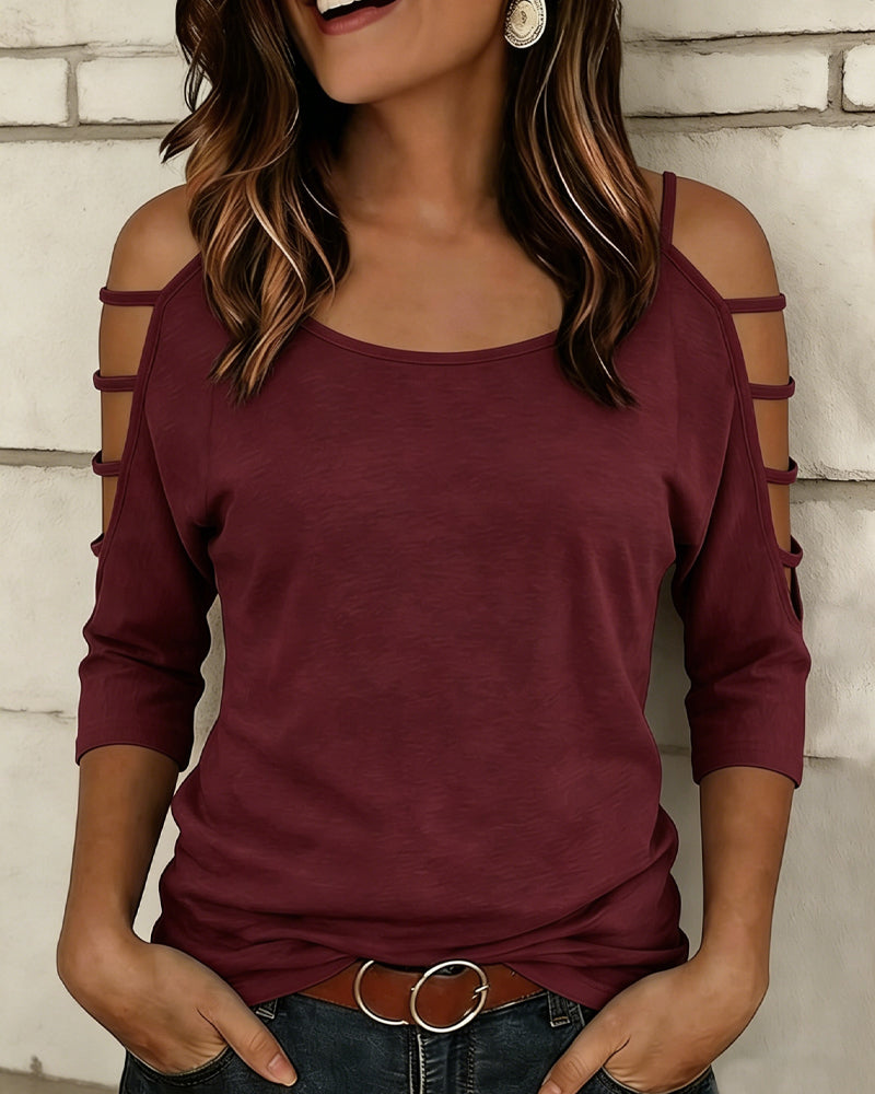 Solid Color Elbow-Length Sleeve Off-Shoulder T-Shirt