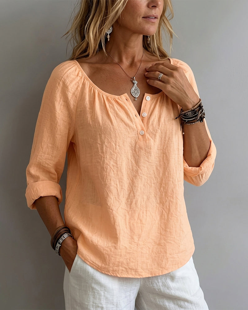 Solid-Color Half-Button Blouse