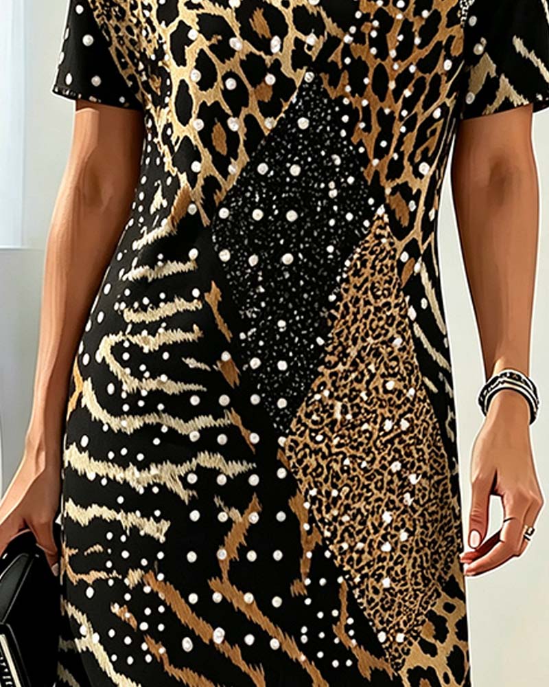 Leopard Print Crew Neck Short Sleeve Patchwork Dress
