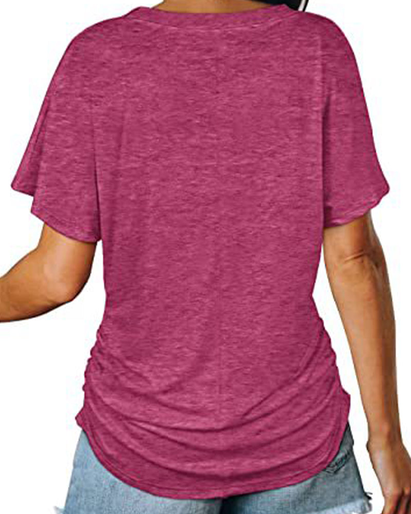 Pleated Solid Color V-Neck T-Shirt