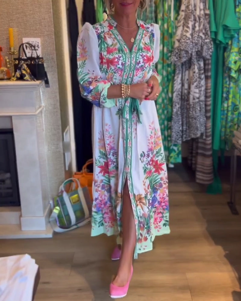 Floral print puff sleeve V-neck dress