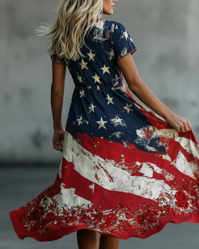 Flag Crew Neck Waist A-Line Dress