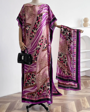 Women's Floral Print Long Dress & Scarf Set