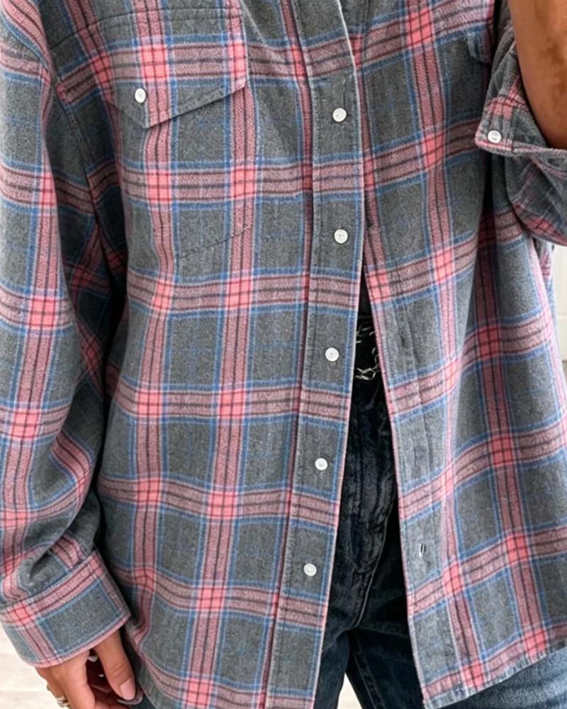 Pocket Plaid Long Sleeve Loose Shirt