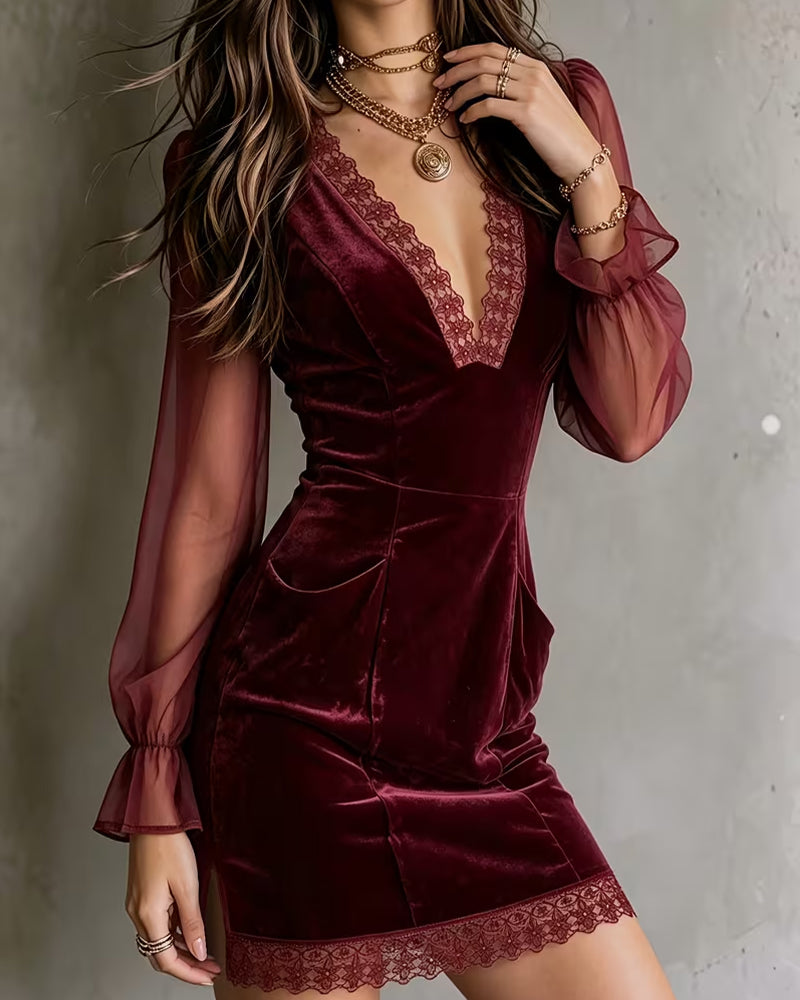 V-Neck Slim Fit Lace Patchwork Dress