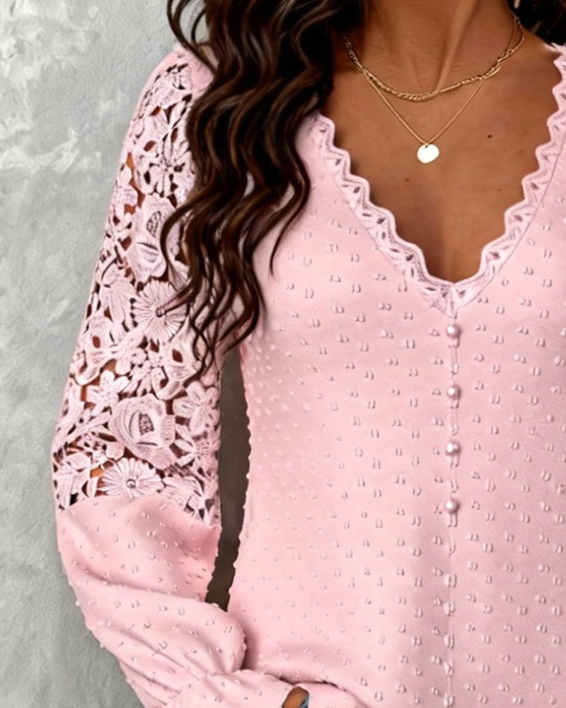 Solid Color 3D Crochet V-neck Blouse