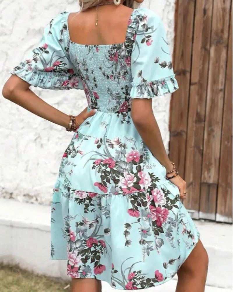 Square Neck Floral Waist A-Line Dress