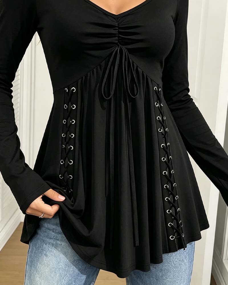 V-Neck Drawstring Long Sleeve Blouse