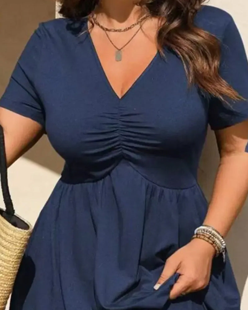 V-Neck Shirred Short Sleeve Flared Dress