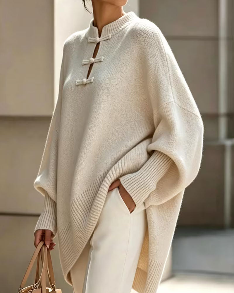 Mandarin Knot Button Loose Fit Cape Pullover