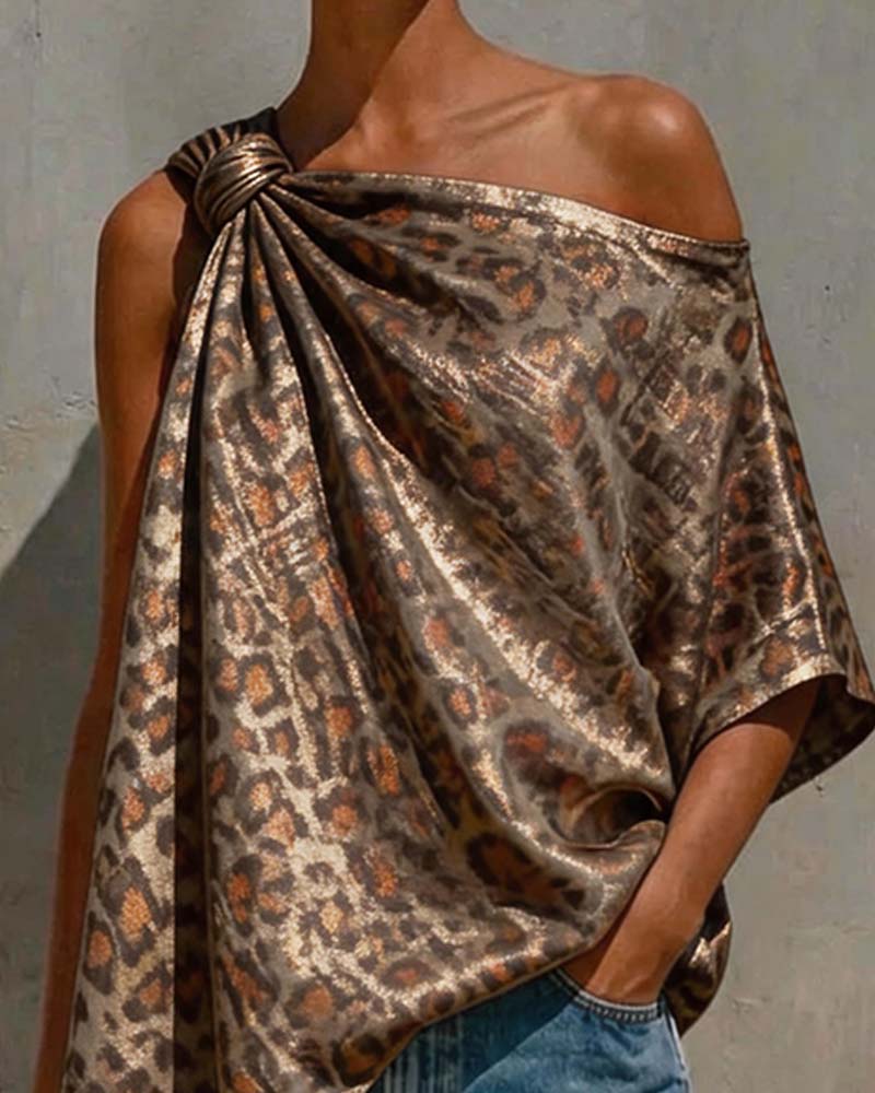 Gold Foil Leopard One-Shoulder Twist Blouse