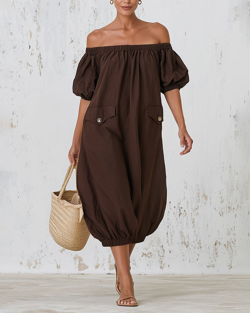 Off-Shoulder Bubble Sleeve Pocket Dress