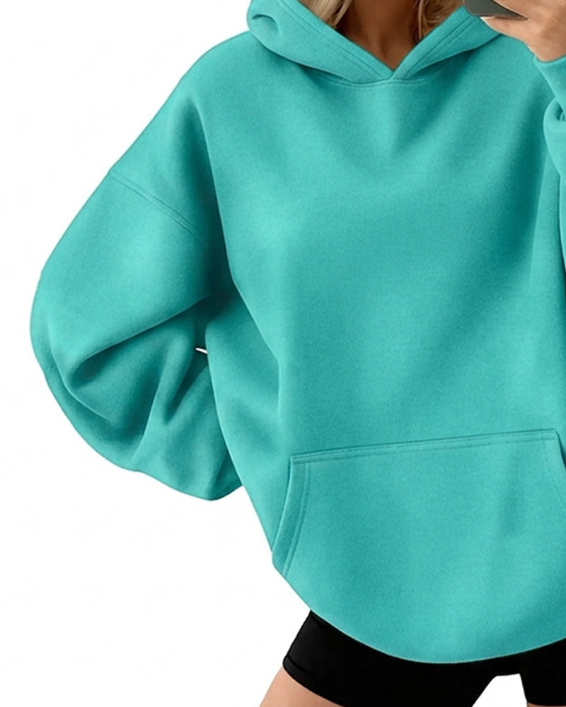 Hooded Pocket Solid Loose Hoodie