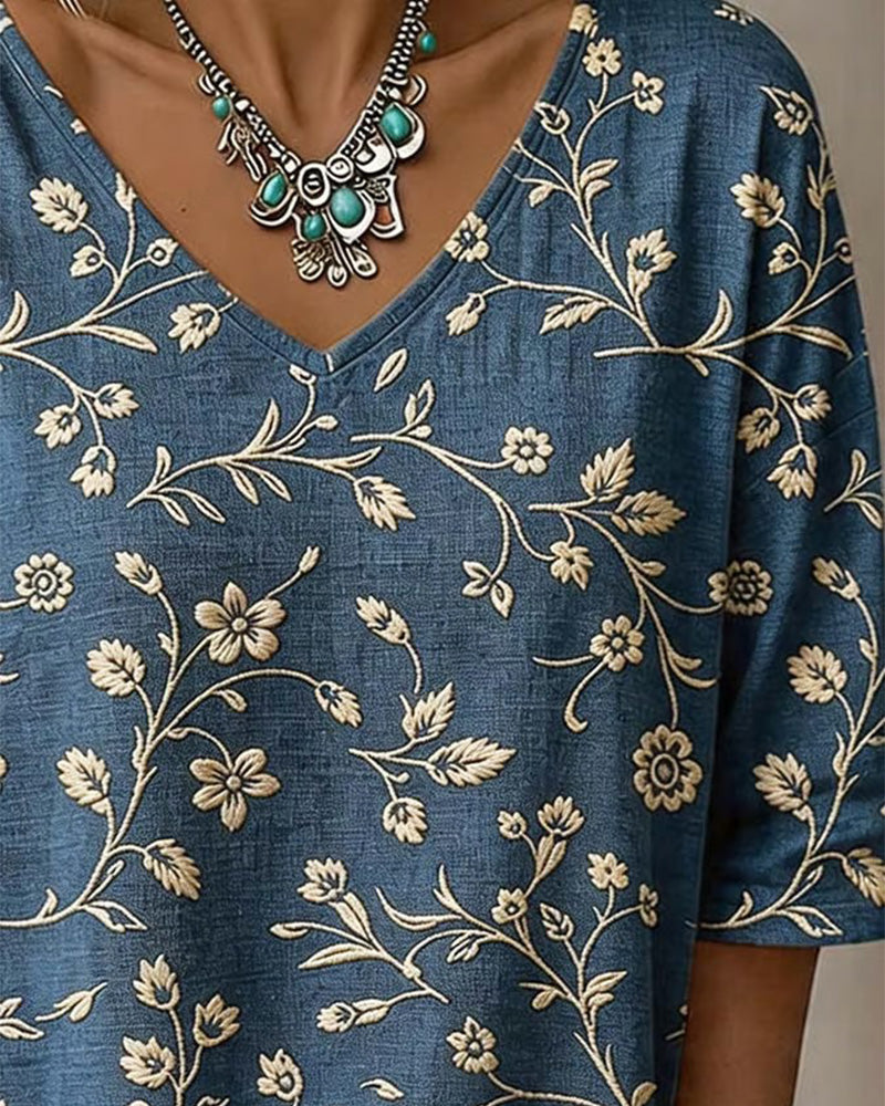 V-Neck Half Sleeve Floral Blouse