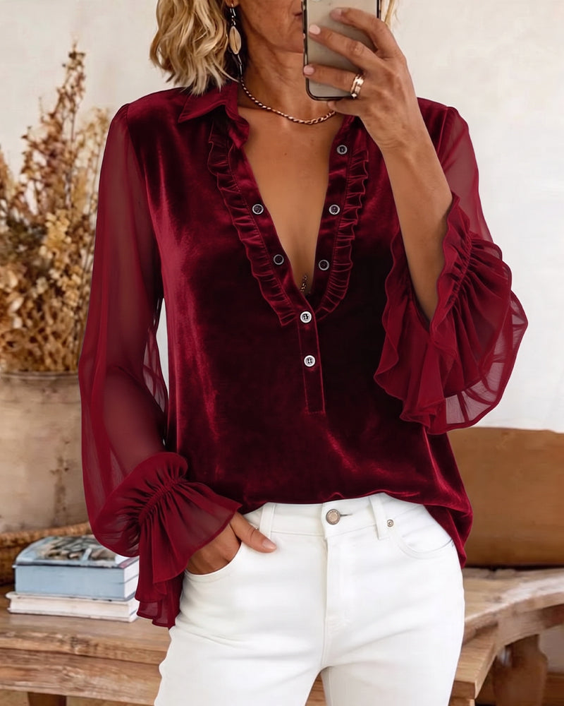 Velvet Patchwork Ruffled Sleeve Blouse