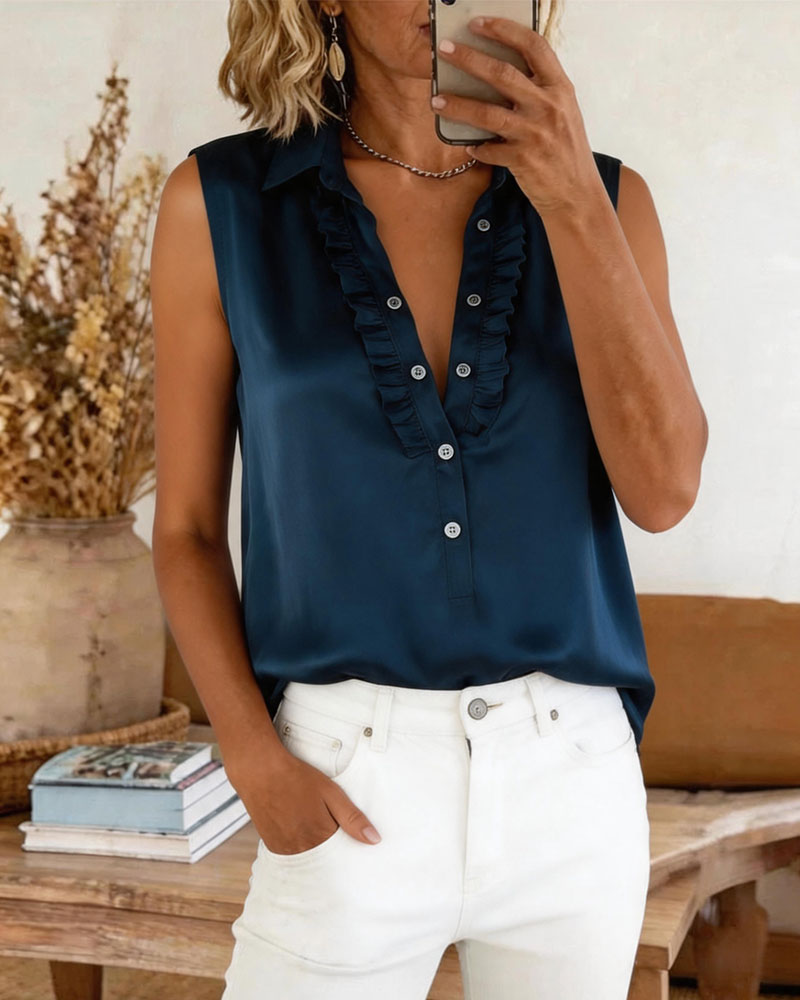 Lapel Button Front Solid Tank Top