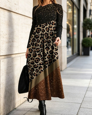 Leopard Print Patchwork Long Sleeve Dress