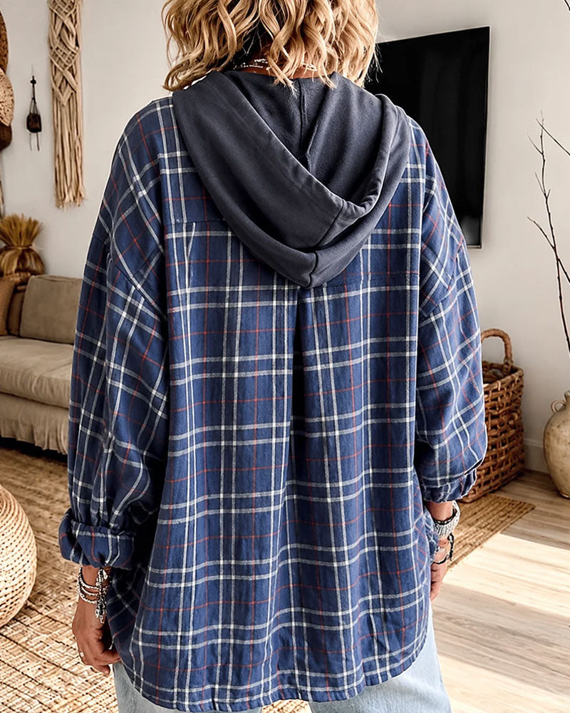 Plaid Mock Layered Hoodie