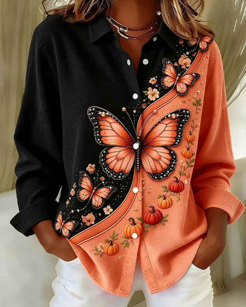 Color-Block Butterfly Print Lapel Shirt