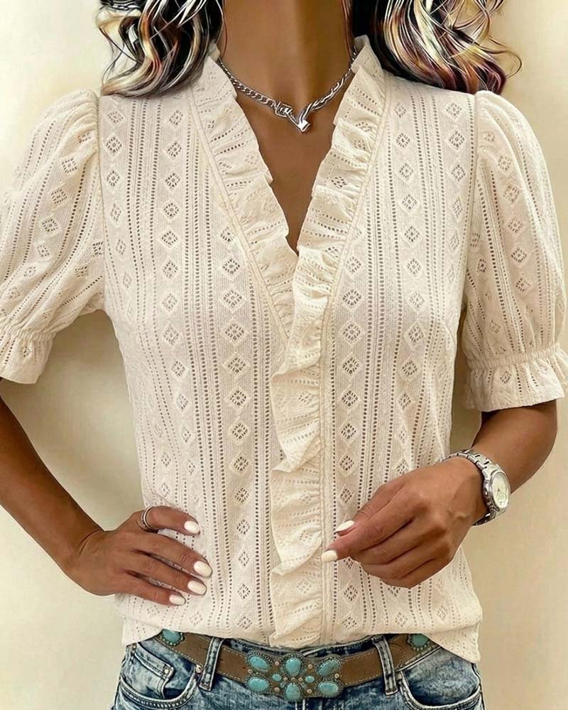 V-Neck Three-Quarter Sleeve Lace T-Shirt
