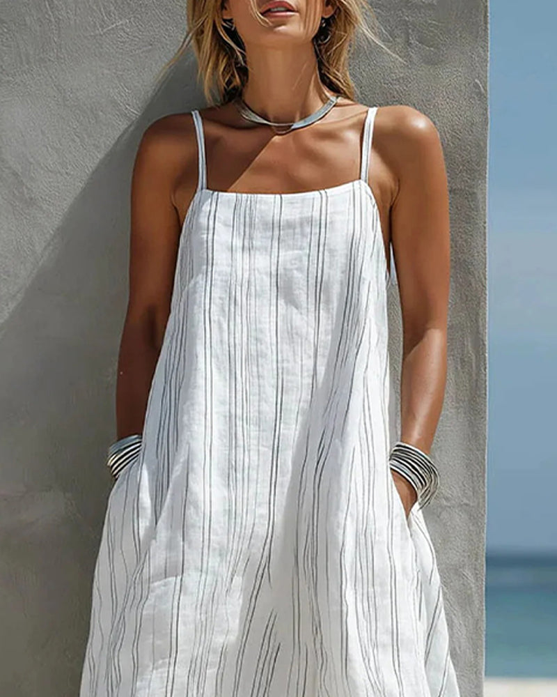 Square Neck Pinstripe Camisole Strap Maxi Dress