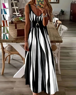 Striped Patchwork Suspender V-Neck Dress