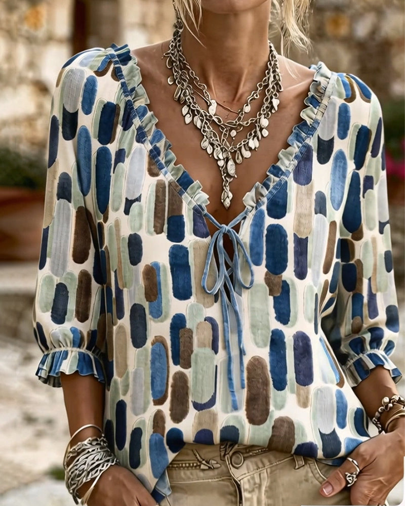 Color-Block Ruffle Tie V-Neck Blouse