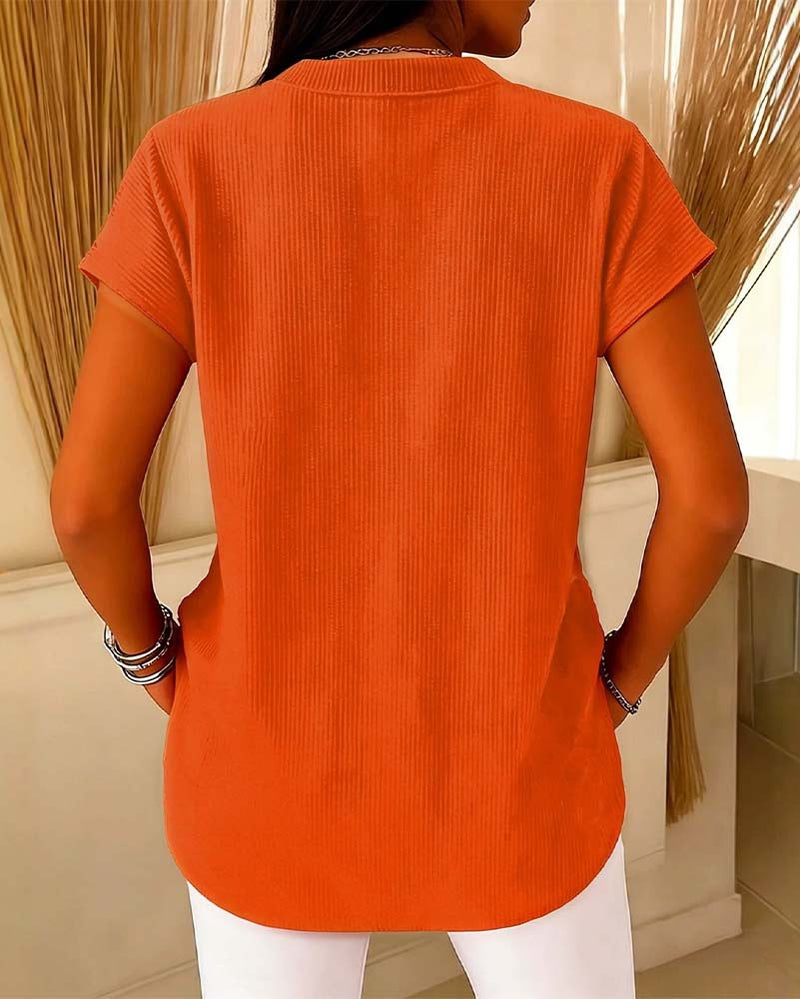 Solid Short Sleeve Zip Blouse