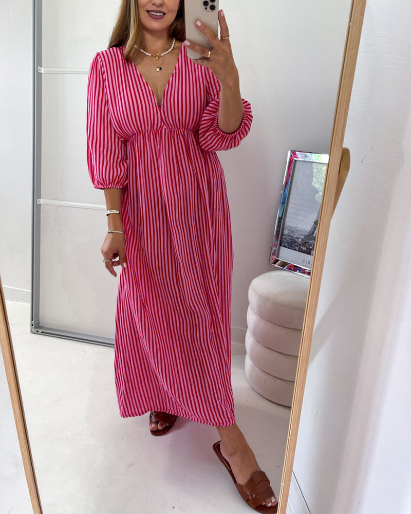 V-neck Lantern Sleeve Striped Dress