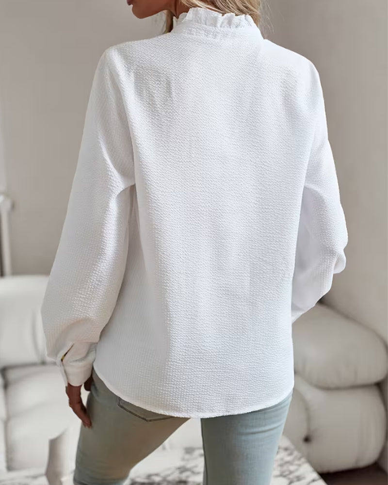 Elegant Ruffled Solid Color Stand Collar Women's Blouse
