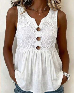 Solid V‑Neck Lace‑Panel Button‑Front Top