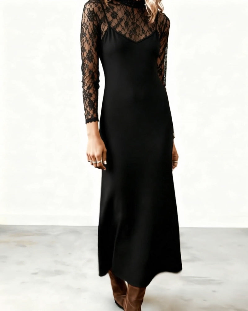 Lace-Trimmed Solid Color Long Dress