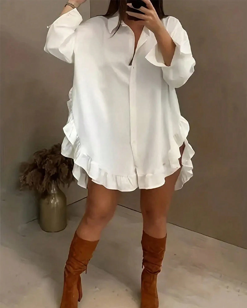 Lapel ruffled solid color shirt