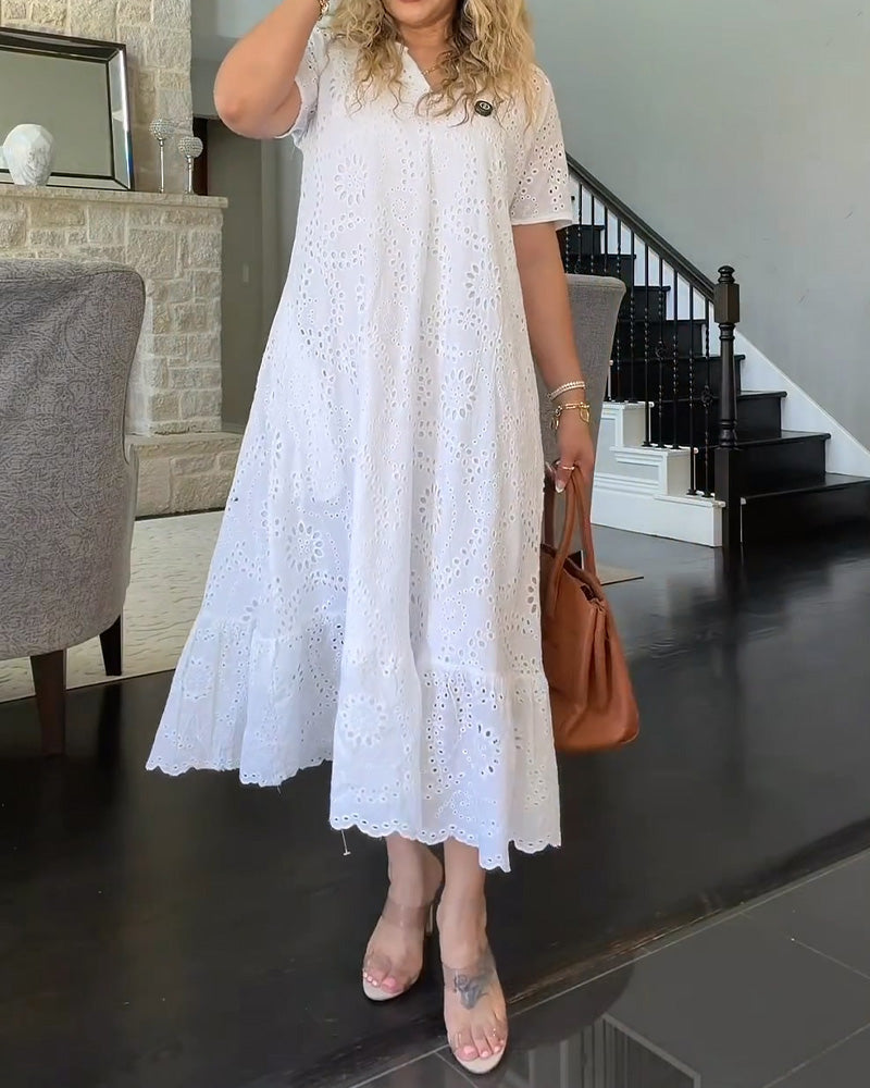 V Neck Hollow Out Ruffle Trim Solid Color Dress