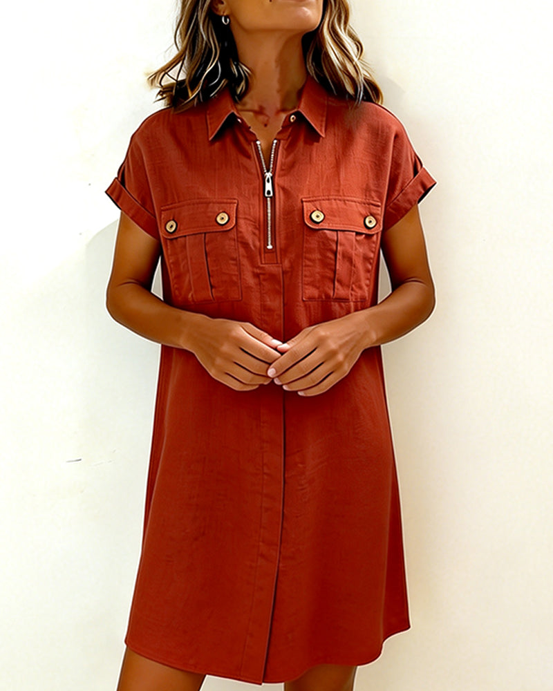 Zipper Pocket Short Sleeve Cotton Linen Dress