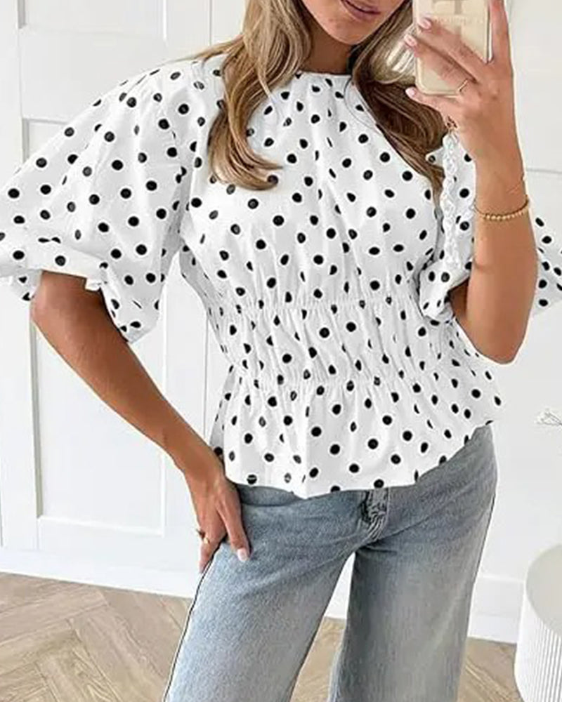 Polka Dot Off-Shoulder Waist-Cinching Bubble Sleeve Blouse