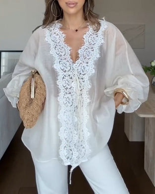 V-Neck Lace Panel Ruffle Blouse