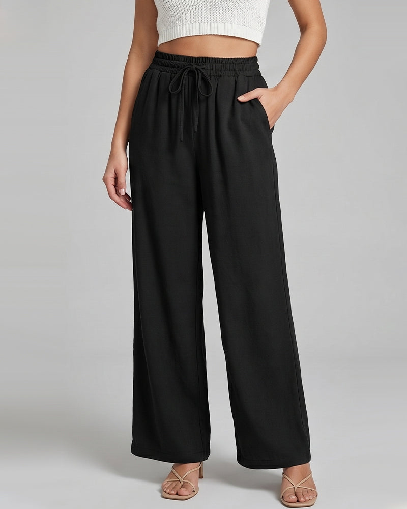 Elastic Waist Wide-Leg Tie Casual Pants