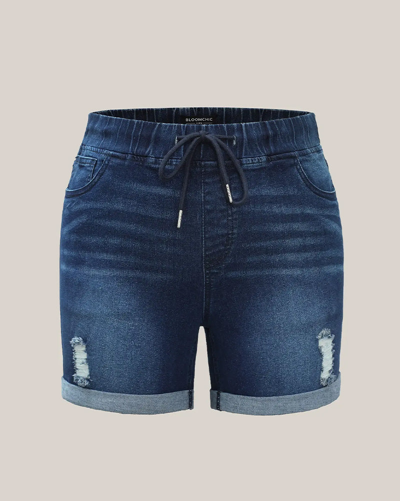Elastic Waist Ripped Denim Shorts