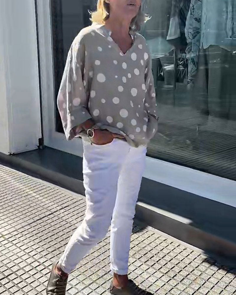 V-Neck Polka Dot Mid-Length Sleeve Blouse