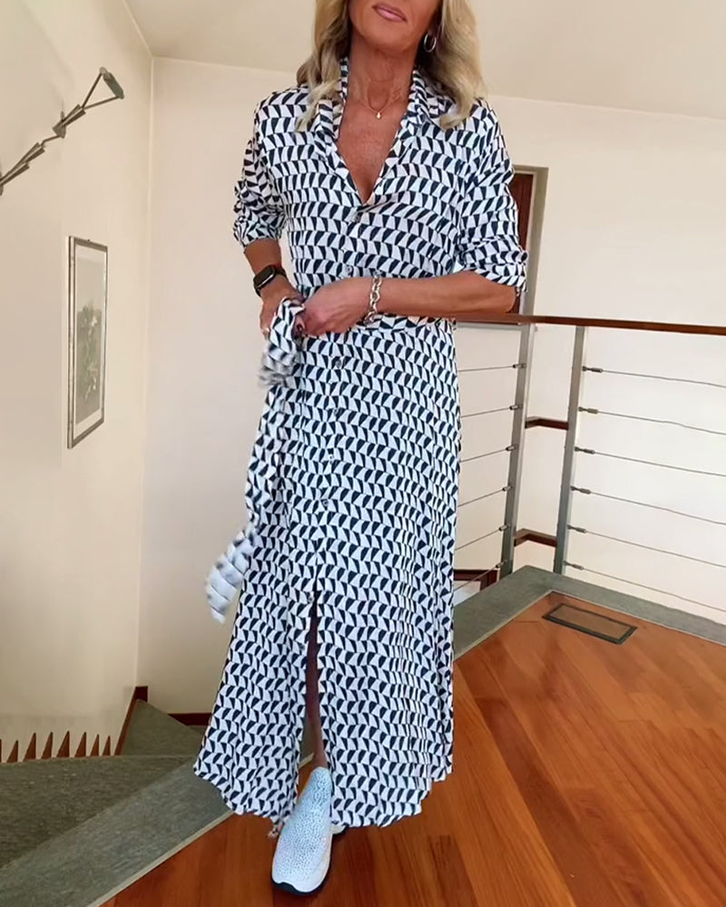 Geometric print lapel slit dress