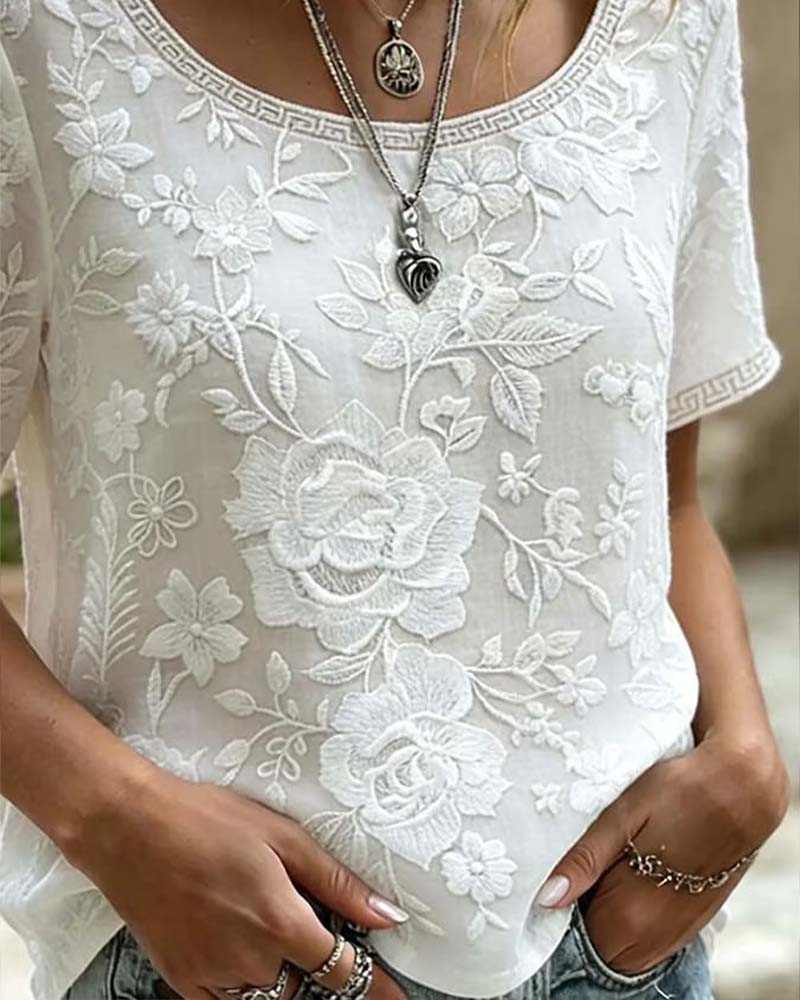 Crew Neck Embroidered Lace Patchwork Blouse