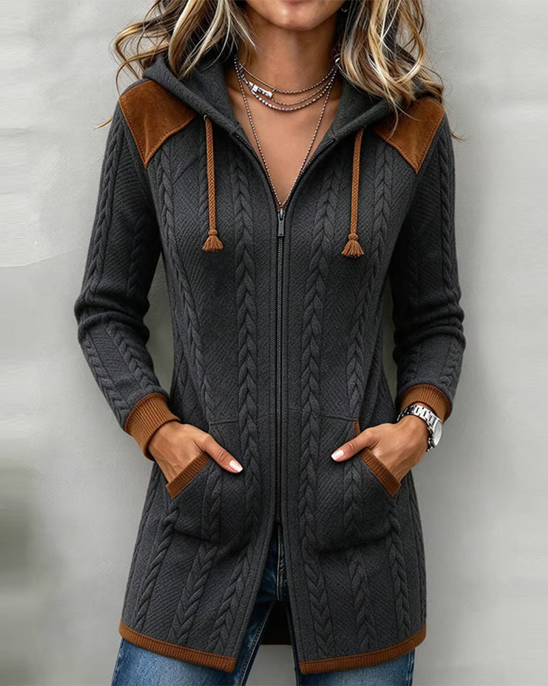 Color Block Cable Hooded Zipped Coat