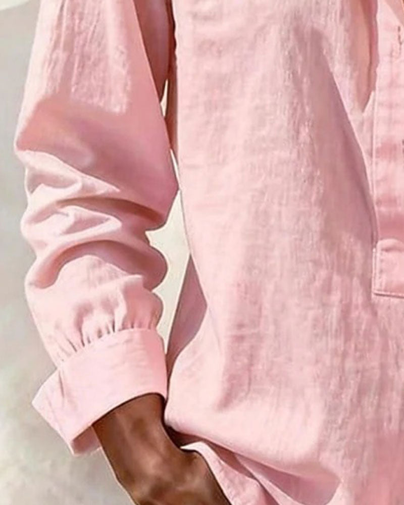 Unbuttoned Solid Color Cotton And Linen Blouse