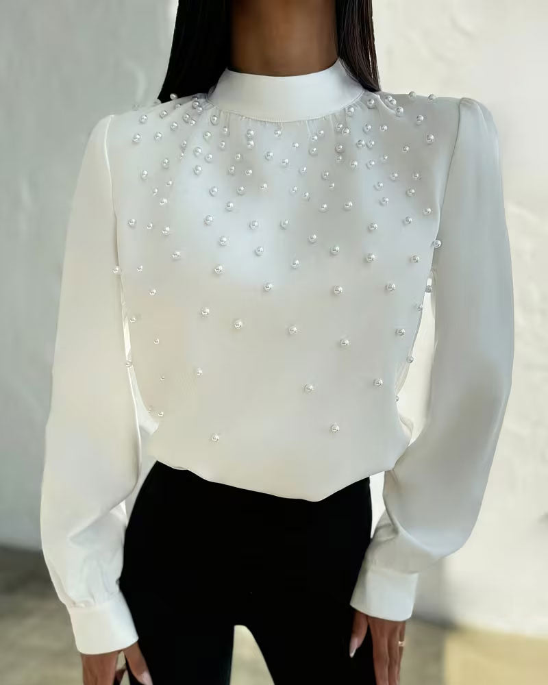 Stand Collar Pearl Beaded Long-Sleeve Blouse