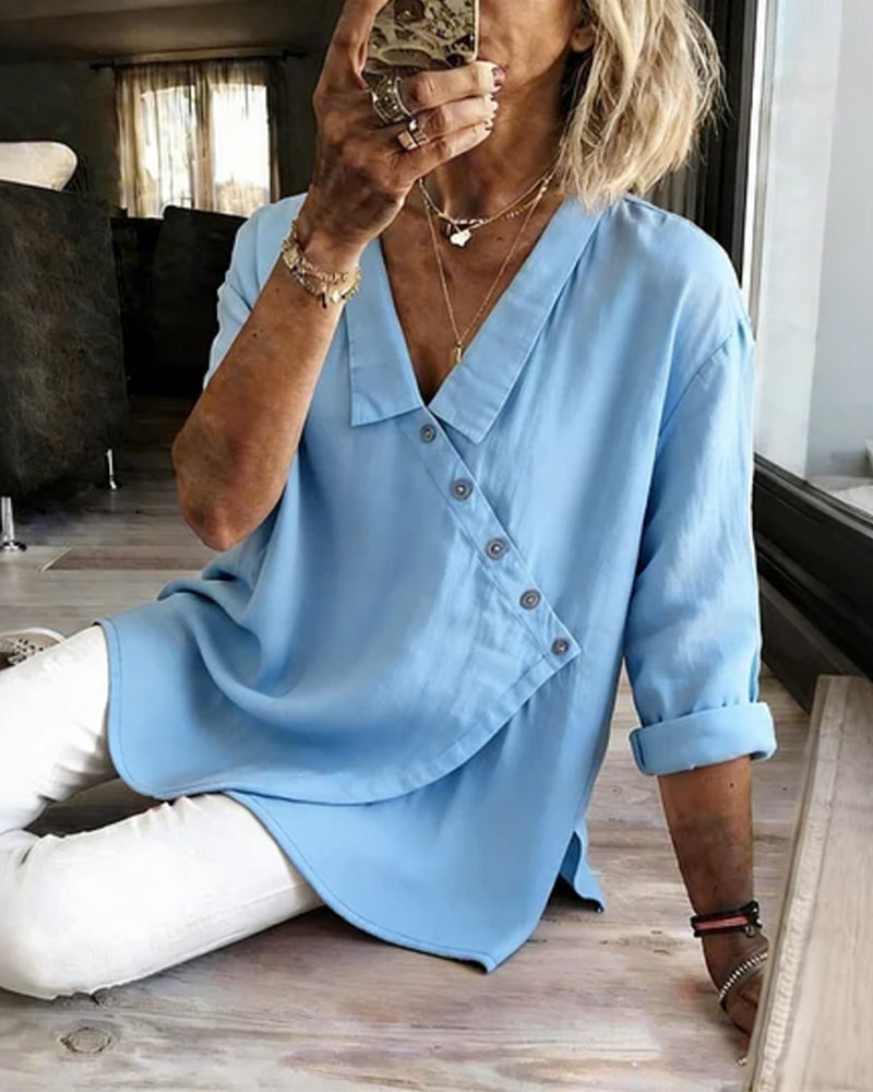 Asymmetrical Diagonal-Placket Collared Blouse